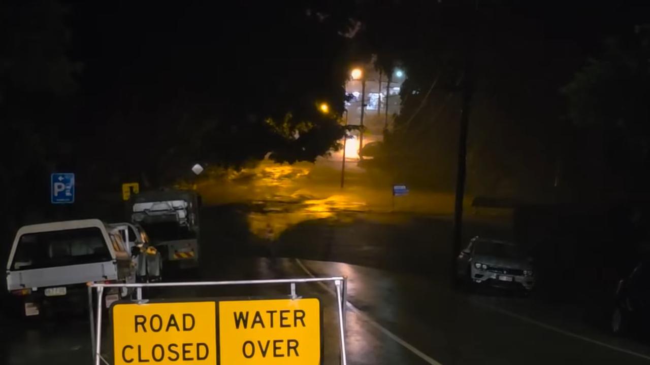 In the videos, Mr Mills is heard remarking on the raging floodwaters and how the town is ‘totally blocked off’. Picture: Supplied / Facebook via Bret Mills