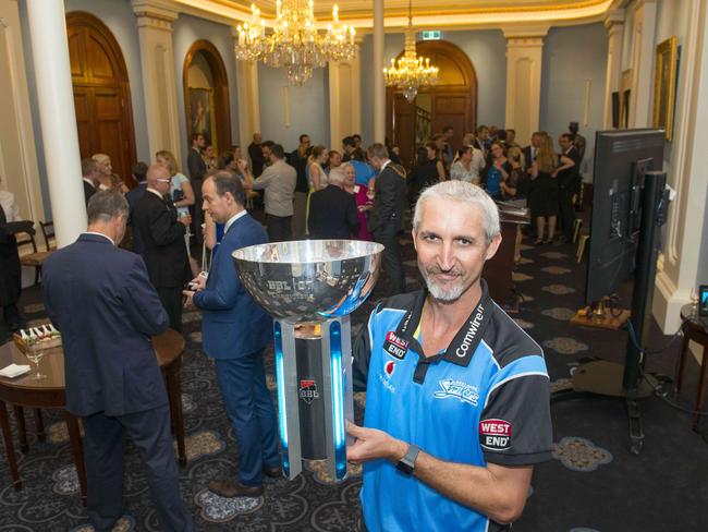 Adelaide Strikers coach Jason Gillespie with the BBL winner’s trophy during a civic reception at Adelaide Town Hall in February. Picture: AAP