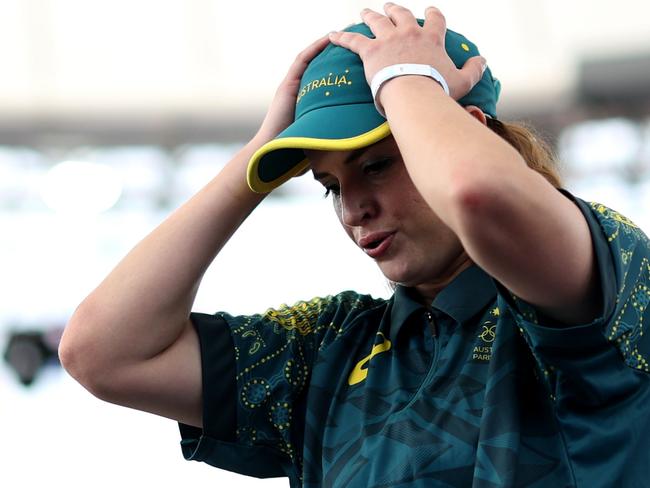 PARIS, FRANCE - AUGUST 09: B-Girl Raygun of Team Australia  reacts during the B-Girls Round Robin - Group B on day fourteen of the Olympic Games Paris 2024 at Place de la Concorde on August 09, 2024 in Paris, France. (Photo by Elsa/Getty Images)