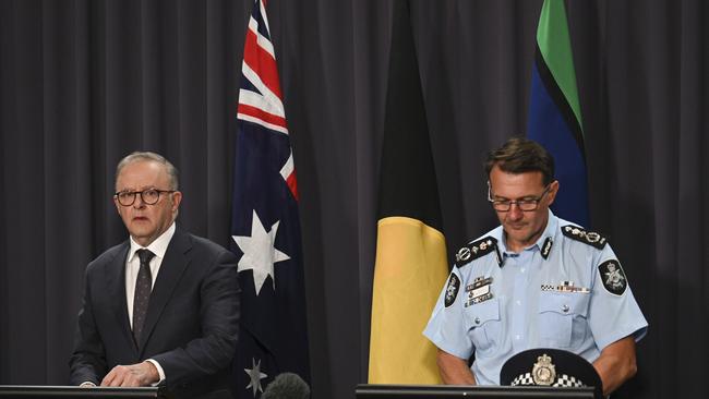 Prime Minister, Anthony Albanese and the AFP Commissioner Reece Kershaw addressed the nation on Saturday night. Picture: NCA NewsWire / Martin Ollman