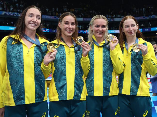 NCA. PARIS FRANCE 2024 OLYMPIC GAMES. August 1- Day 6The Australian 4x200m Freestyle Relay team consisting of Ariarne Titmus, Mollie OÃCallaghan, Lani Pallister and Brianna Throssell win Gold at the Paris La Defense Arena  Picture: Adam Head