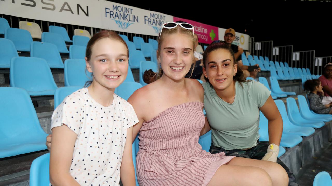 Super Netball game between Thunterbirds and Swifts at Cairns pop up stadium. Imogen Green, 12, Charlotte Jonsen, 13, and Capri Fleger, 13. PICTURE: STEWART McLEAN