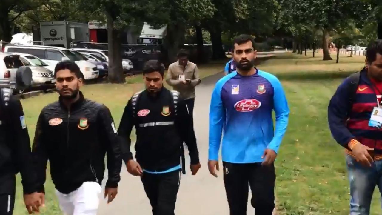 Members of Bangladesh's Test team make their way back to Hagley Oval.