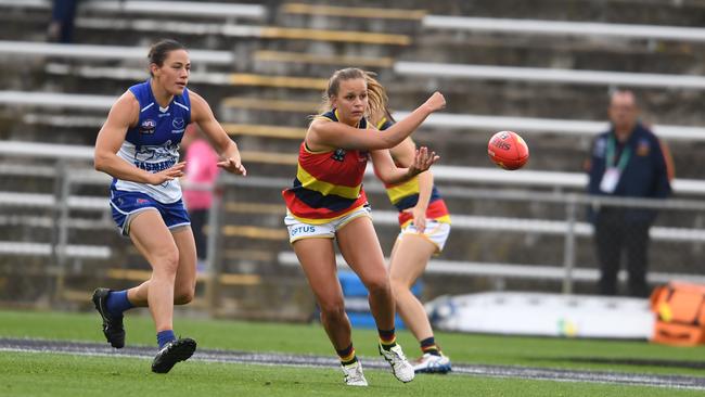 Crows forward Danielle Ponter, pictured hand balling, kicked Adelaide’s first goal of the match against North Melbourne in Hobart. Picture: Steve Bell/Getty Images