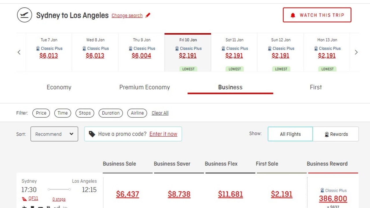 Qantas published first class fares by mistake for just $2191 to the United States. Picture: OzBargain