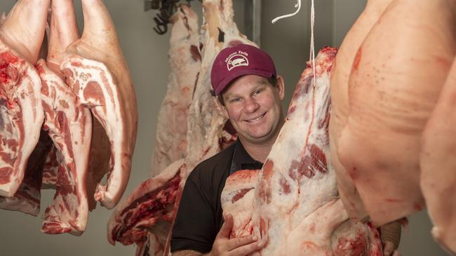 Farm manager and trained butcher Angus Beaumont in the Hagans’ new on-farm butchery. Picture: Zoe Phillips