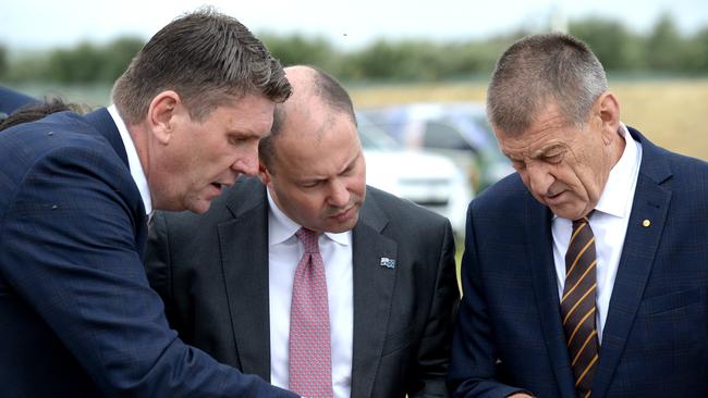 Hawthorn CEO Justin Reeves, Federal Treasurer Josh Frydenberg and Kennett at the location of Hawthorn’s new multimillion-dollar home in Dingley. Picture: NCA NewsWire