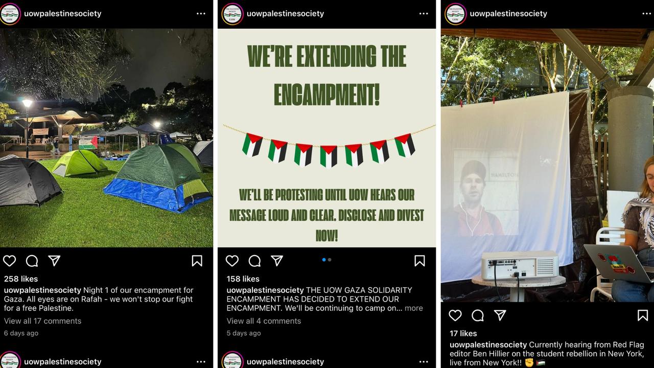 Social media posts from the Palestine Society University of Wollongong. Pictures: Instagram