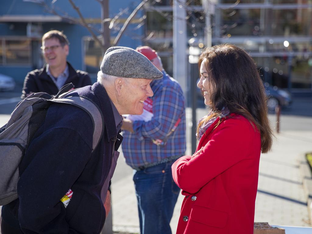 Voter Nino Milic talks to Labor senator Lisa Singh outside the North Hobart polling station. Lisa Singh voting in North Hobart. Picture: RICHARD JUPE