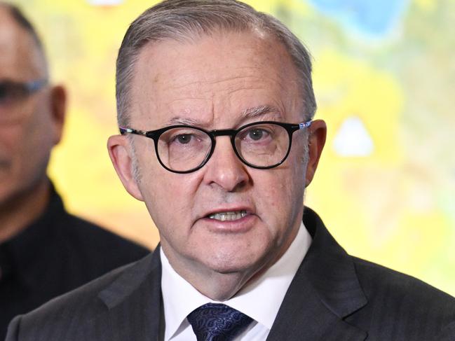 CANBERRA, AUSTRALIA  - NewsWire Photos - MARCH 6 2025: Prime Minister Anthony Albanese and National Emergency Management Agency Deputy Coordinator-General, Joe Buffone hold a media briefing in the National Situation Room (NEMA) in Canberra. Picture: NewsWire / Martin Ollman