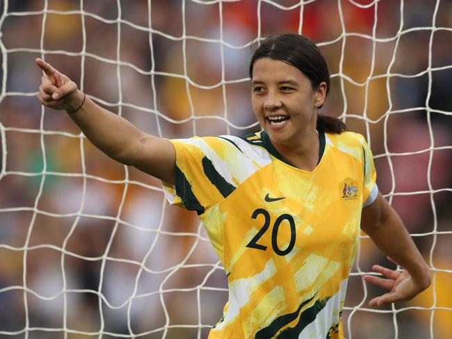 Sam Kerr celebrates scoring for the Matildas in 2020. Picture: Tony Feder/Getty Images.