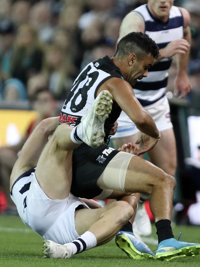 Lindsay Thomas was reported for this bump on Scott Selwood. Picture: Sarah Reed