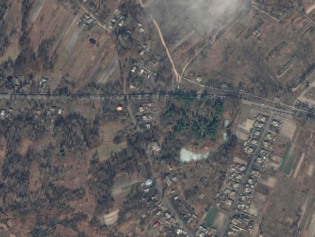 A column of Russian military vehicles as they move towards Kyiv, on the P-02-02 road (Shevchenka Road) on the outskirts of Ivankiv on February 27. Picture: Satellite image Â©2022 Maxar Technologies / AFP