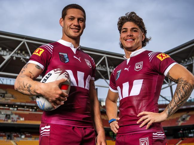 Queensland State of Origin players Kalyn Ponga and Reece Walsh at Suncorp Stadium ahead of the decider. Picture: Nigel Hallett