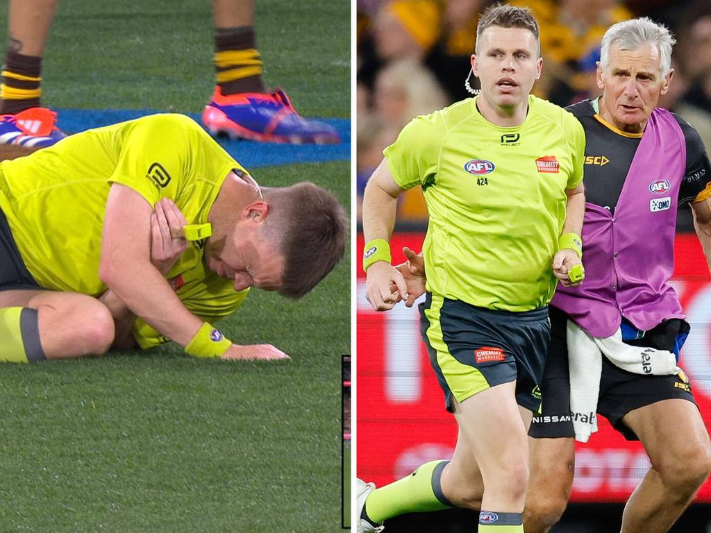 Umpire Nick Foot had a heavy collision early in the elimination final.