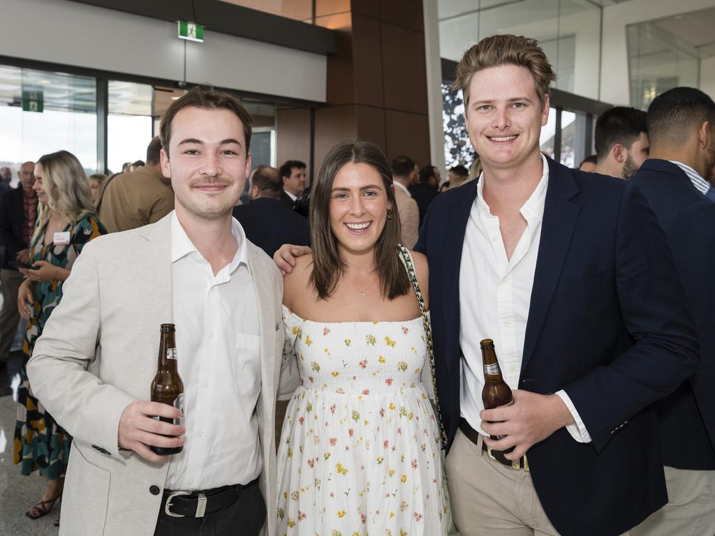 Molly Wagner with Huw Talyor (left) and Tom Wagner at It's A Bloke Thing 2023 at Wellcamp Airport, Friday, August 18, 2023. Picture: Kevin Farmer