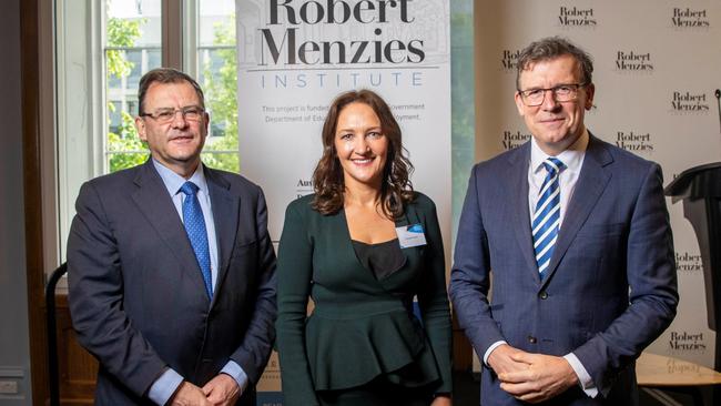 University of Melbourne vice chancellor Duncan Maskell, Robert Menzies Institute director Georgina Downer and federal Education Minister Alan Tudge at the Institute's first annual conference