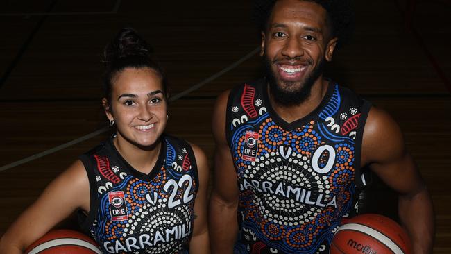 Serena Waters and Jerron Jamerson wearing the Salties NAIDOC Week jersey. Picture: (A) manda Parkinson