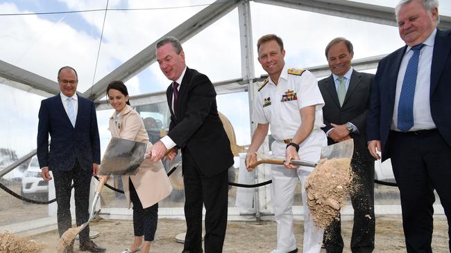 Defence Minister Christopher Pyne leading the a sod-turning ceremony at Osborne on Thursday. AAP Image/David Mariuz 