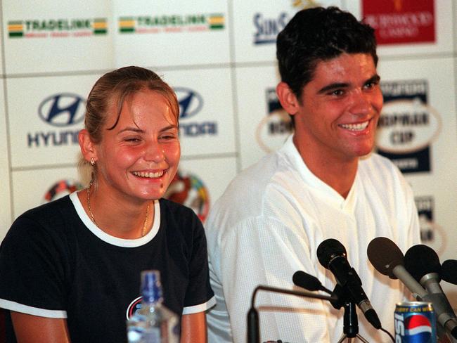 Jelena Dokic and Mark Phillippousis fromt a media conference for Hopman Cup at Burswood Dome in Perth in 2000. Picture: Ken Matts. Tennis