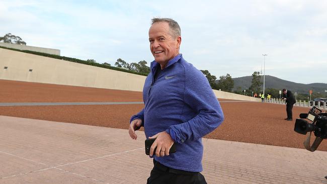 Opposition Leader Bill Shorten on a morning run at Parliament House in Canberra. Picture Kym Smith