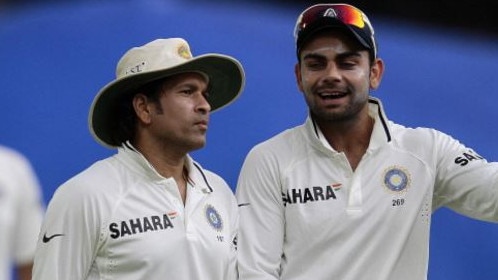 Indian cricket greats Sachin Tendulkar and Virat Kohli playing side-by-side.