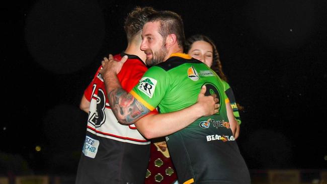 Litchfield captain Trent Wedding receives the Mitchell Russell Shield from David Russell after winning Round 5 of the 2023 NRL NT premiership. Picture: Palmerston Raiders