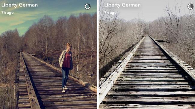 Libby German uploaded these haunting photographs, including one of Abby (left) walking along the old railroad bridge, at Delphi Historic Trails shortly before the pair were kidnapped and murdered.