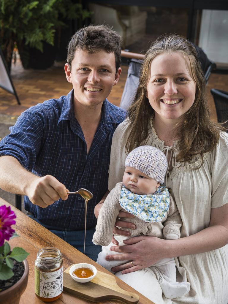 Hope Honey owners Tony and Kristina Duff with baby daughter Rebekah, Tuesday, June 8, 2021. Picture: Kevin Farmer