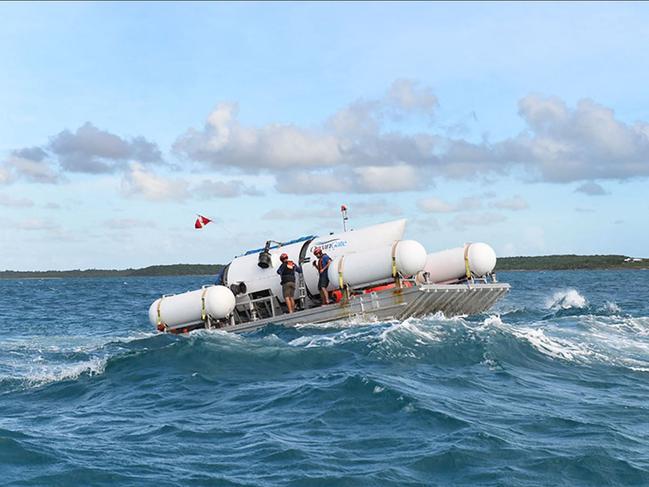 The Titan submersible being towed to a dive location on a previous journey. Picture: AFP