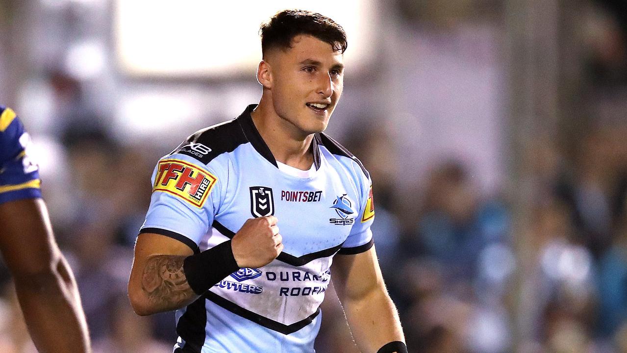 Cronulla's Bronson Xerri celebrates his second try on Saturday night.