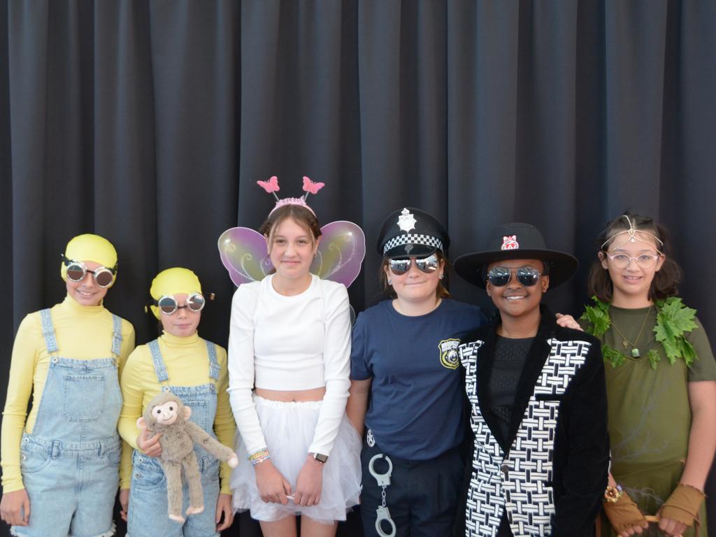 Sacred Heart Primary School students have dressed up for book week (from left) Layla Osbourn, Chloe Richmond, Taya Shires-Curtis, Layla Webb, Benedict Mirimo, and Mia Stuart. Picture: Isabella Pesch