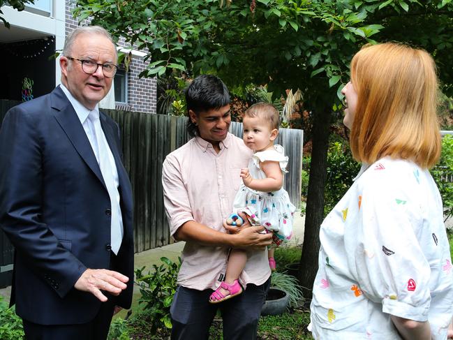 SYDNEY, AUSTRALIA : NewsWire Photos - FEBRUARY 19 2025; The Prime Minister visits  residents of a small unit complex in Dulwich Hill; James Declase and partner Louisa McSpeddan and baby Romy before addressing the media in a press conference. Picture: NewsWire/ Gaye Gerard