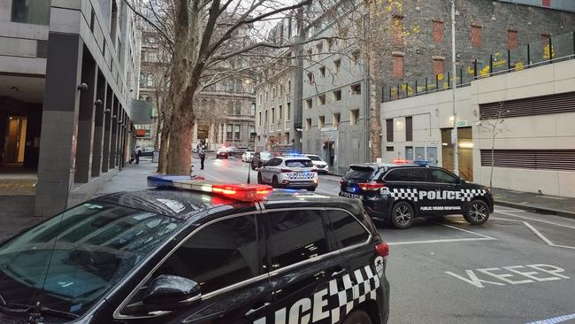 Police at the scene of the incident in Melbourne’s CBD on Thursday. Picture: Twitter