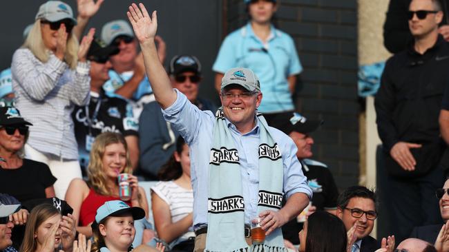 Scott Morrison waves to the crowd at a Cronulla NRL game on Sunday. Picture: Matt King/Getty Images