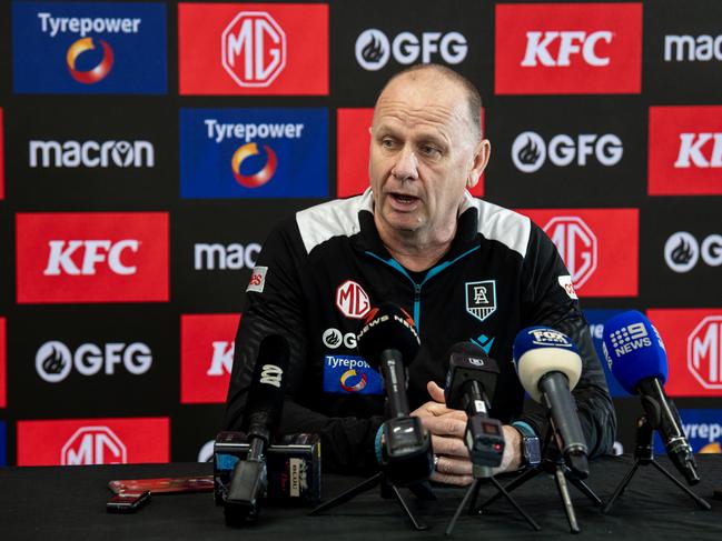 Port Adelaide coach Ken Hinkley speaks to the media on Wednesday. Picture: Mark Brake/Getty Images.