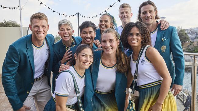 Members of the Australian Olympic team pose during the Australian 2024 Paris Olympic Games Official Uniform Launch at Clovelly Surf Club on April 17.