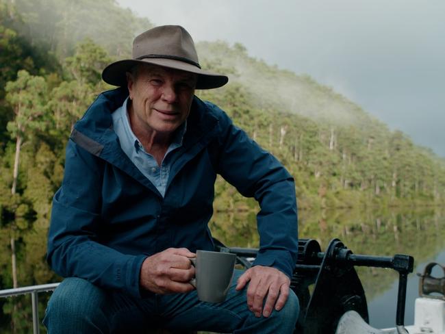 Charles Wooley on the Pieman River, filming a new show for Channel 7, called 7NEWS Spotlight which will air on Sunday night at 8.30pm, which features an exclusive, special investigation into the Tasmanian wilderness in the Tarkine.