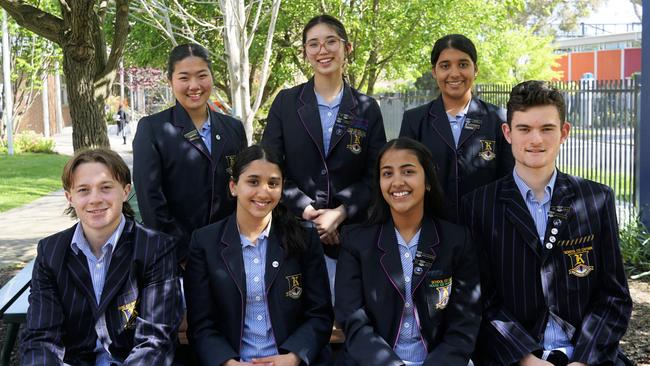 School captains: Back row: Joanne Lee, Sarah Yeo, Diya Matthew Front row: Felix McShane, Agrata Sharma, Shreya Jain, David Overton