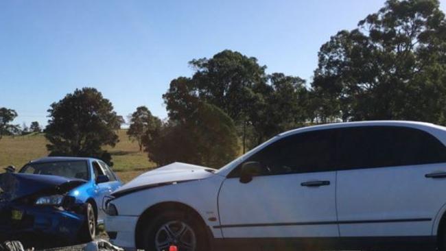 Opposition Leader Bill Shorten’s campaign bus was stopped by a car accident near Maitland. Picture: Jason Tin