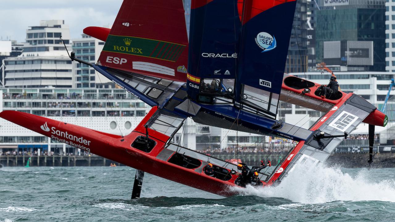 The Spainish SailGP team on the edge in New Zealand. Picture: Felix Diemer/SailGP.