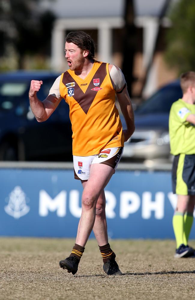 BFL: Newcomb v Drysdale at Grinter Reserve. Drysdale's Damian Hoare celebrates a goal. Picture: Mike Dugdale