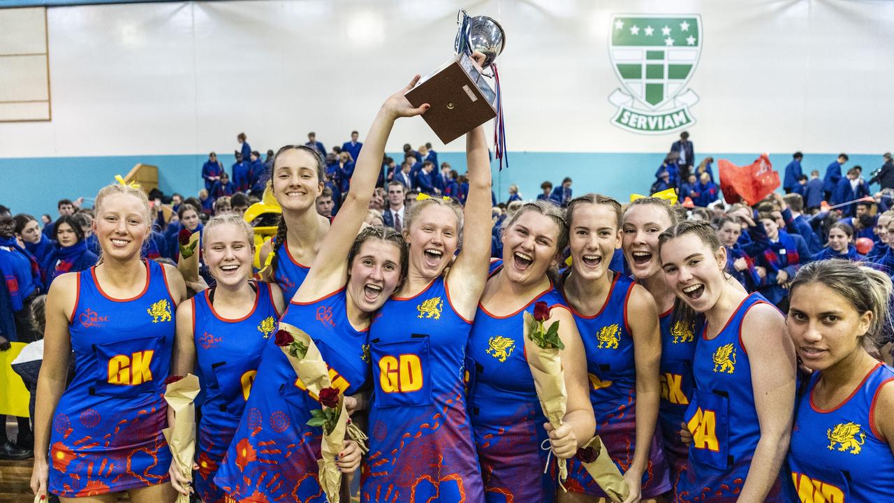 Downlands College players celebrate after defeating St Ursula's College in the 2022 Merici-Chevalier Cup. Picture: Kevin Farmer