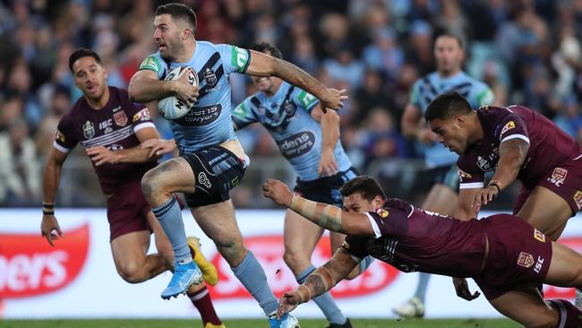 NSW fullback James Tedesco makes a break during the deciding Game III of the State of Origin last year. Picture: Brett Costello