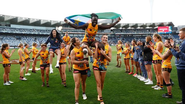 Grigg’s idol, Akec Makur Chuot, after her final game for Hawthorn last month. Picture: Michael Willson/AFL Photos via Getty Images