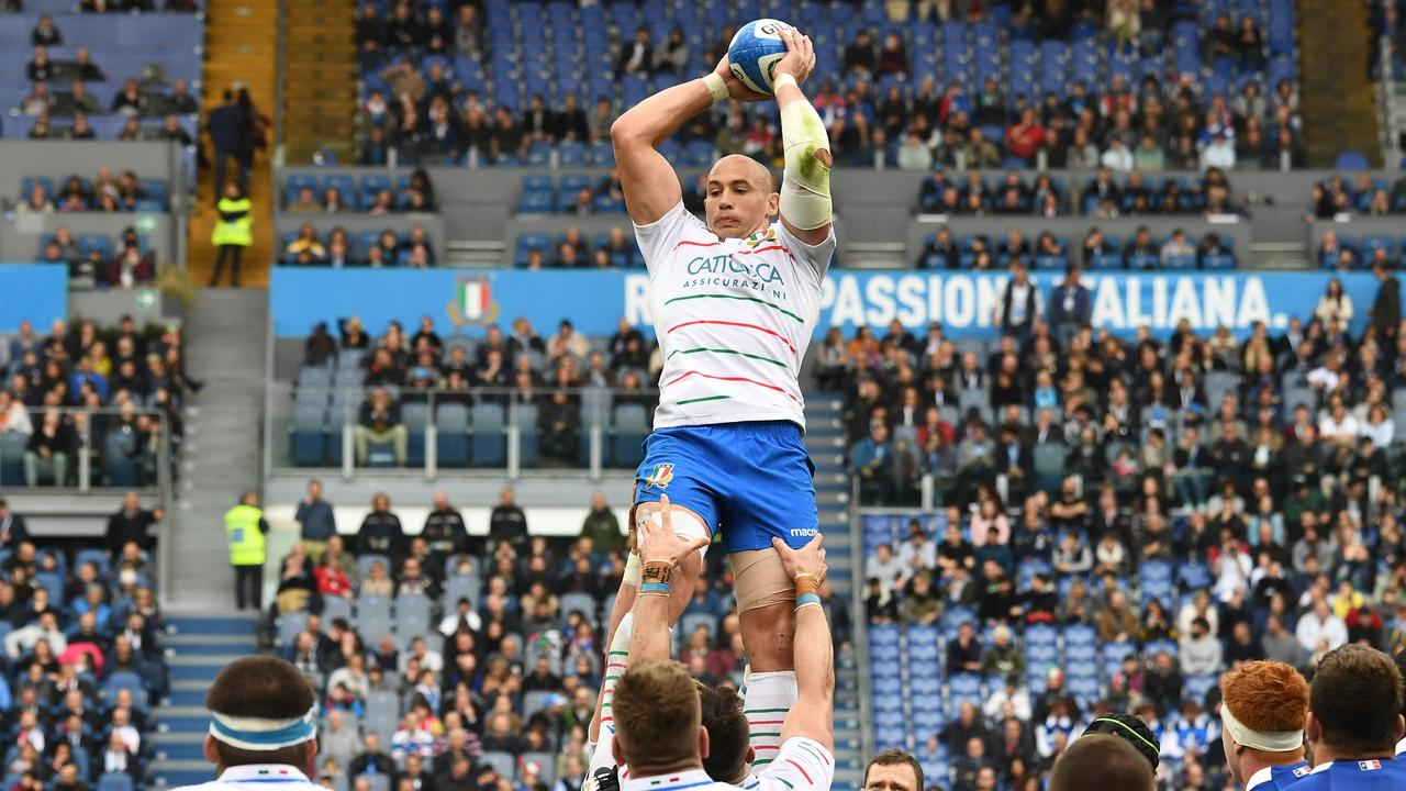 Italy No 8 Sergio Parisse grabs the ball in a lineout at the Olympic Stadium in Rome.