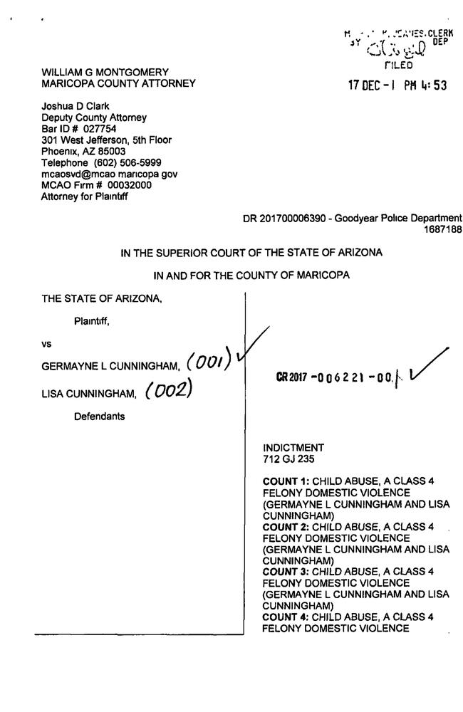 Court documents showing the indictment of Lisa and Germayne Cunningham.