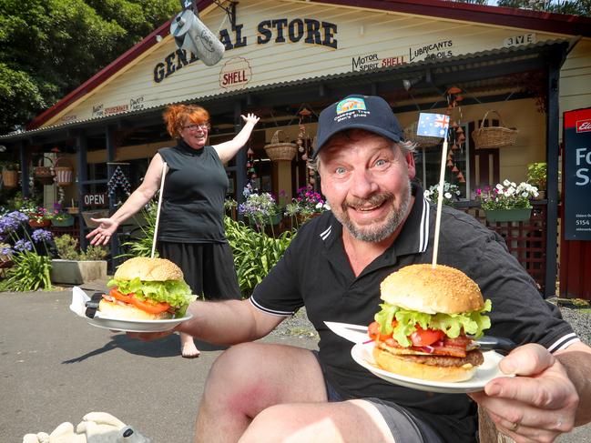 HOLD FOR HERALD SUN PIC DESK----East Gippsland tourism in fire affected areas, in attempts to draw the crowds back to seaside locations and small country towns. Cabbage Tree Creek. The Cabbage Tree Creek General Store and Bushaware Cafe owners Jo Eade-Fischer and her husband Peterwith their hot lunches.  Picture: Alex Coppel.