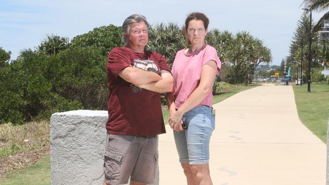 Bradley Daley and Natalie Zantvoort at the Oceanway at Palm Beach where Council have installed bollards to stop hoons driving at speed up the footpath. Picture by Richard Gosling