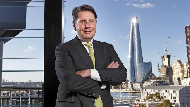 The Star CEO Matt Bekier, with Crown’s Barangaroo tower in the background. Picture: Toby Zerna